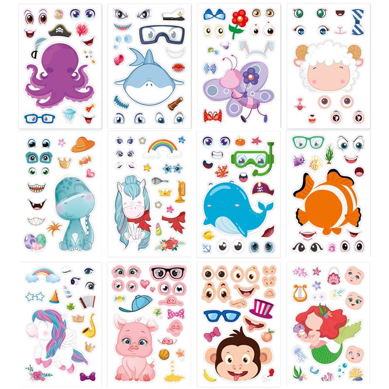12Sheets Make A Face Diy Sticker Safari Animal Mermaid Decoration Kid Enlightenment Jigsaw Puzzle Stickers Funny Cartoon Pet Zyf