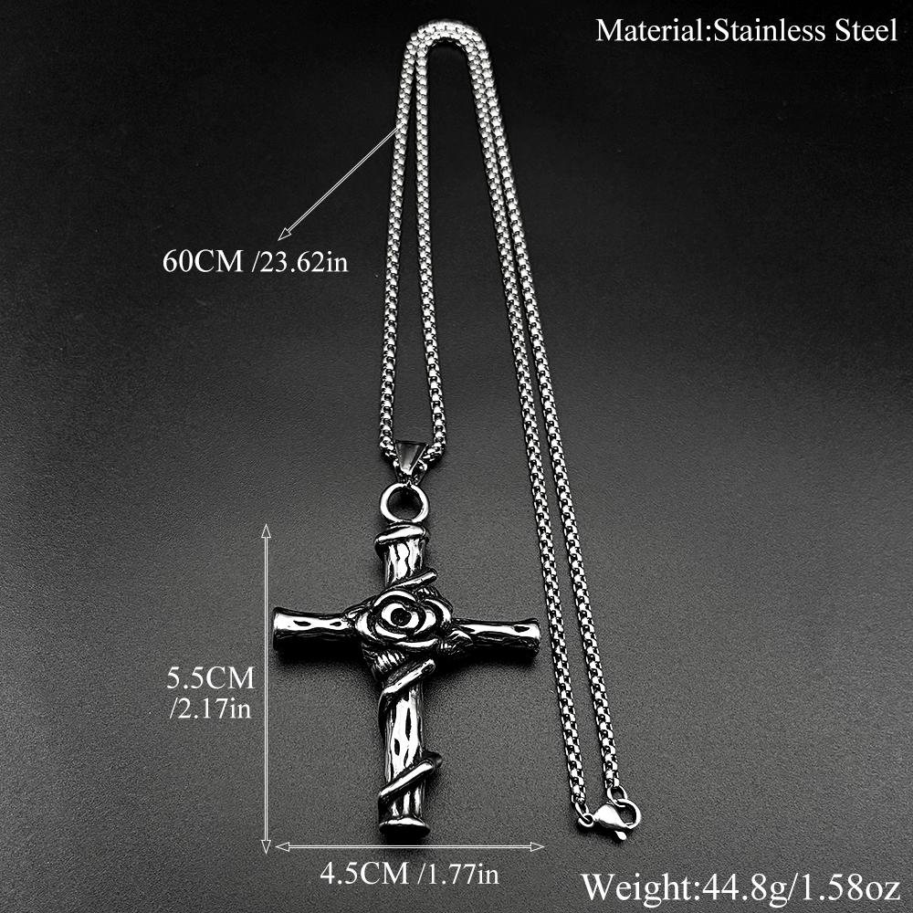 Stainless Steel Christian Rose Flower Jesus Cross Pendant Necklaces for Men Women Silver Color Vintage Chain Faith Jewelry Gift