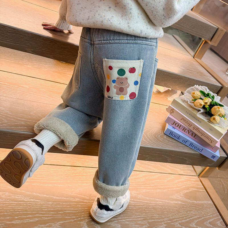 Girls' Winter Fleece-Lined Jeans: Alpaca Fleece One-Piece Warm Casual Pants