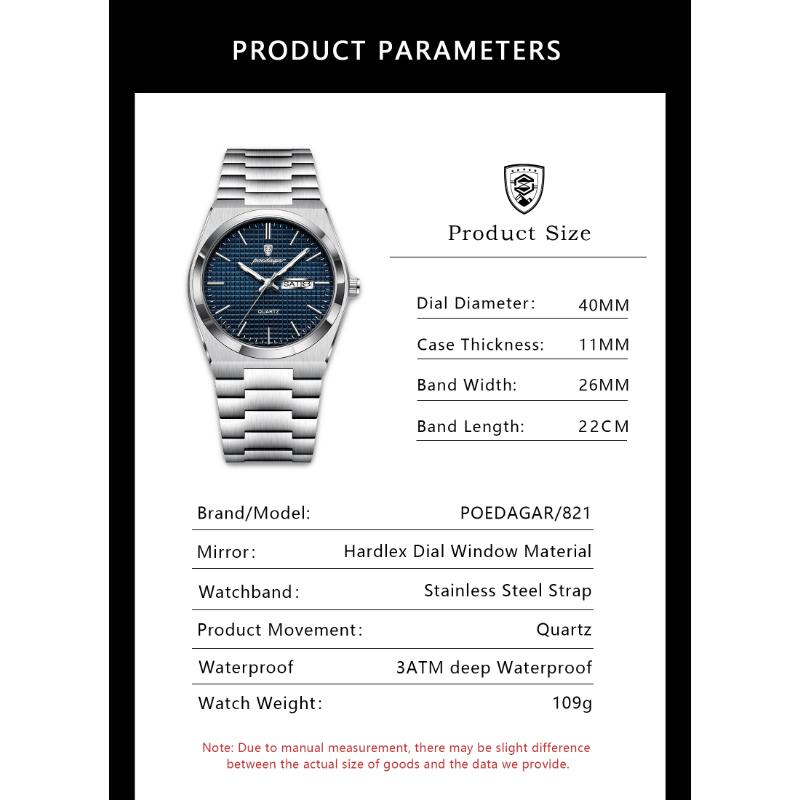 POEDAGAR Top Luxury Man Watch Waterproof Stainless Steel Men Wristwatch Luminous Date Week Fashion Business Quartz Men's Watches