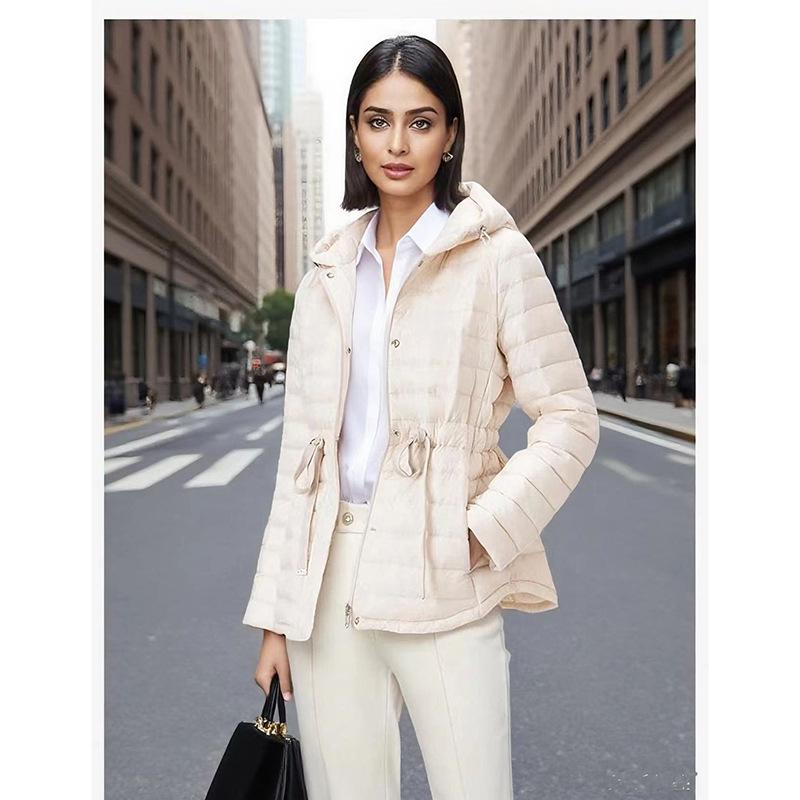 Women's Tie-Waist Hooded Down Jacket - Long Sleeve, Loose Fit, Lightweight, White Duck Down Outerwear 2025
