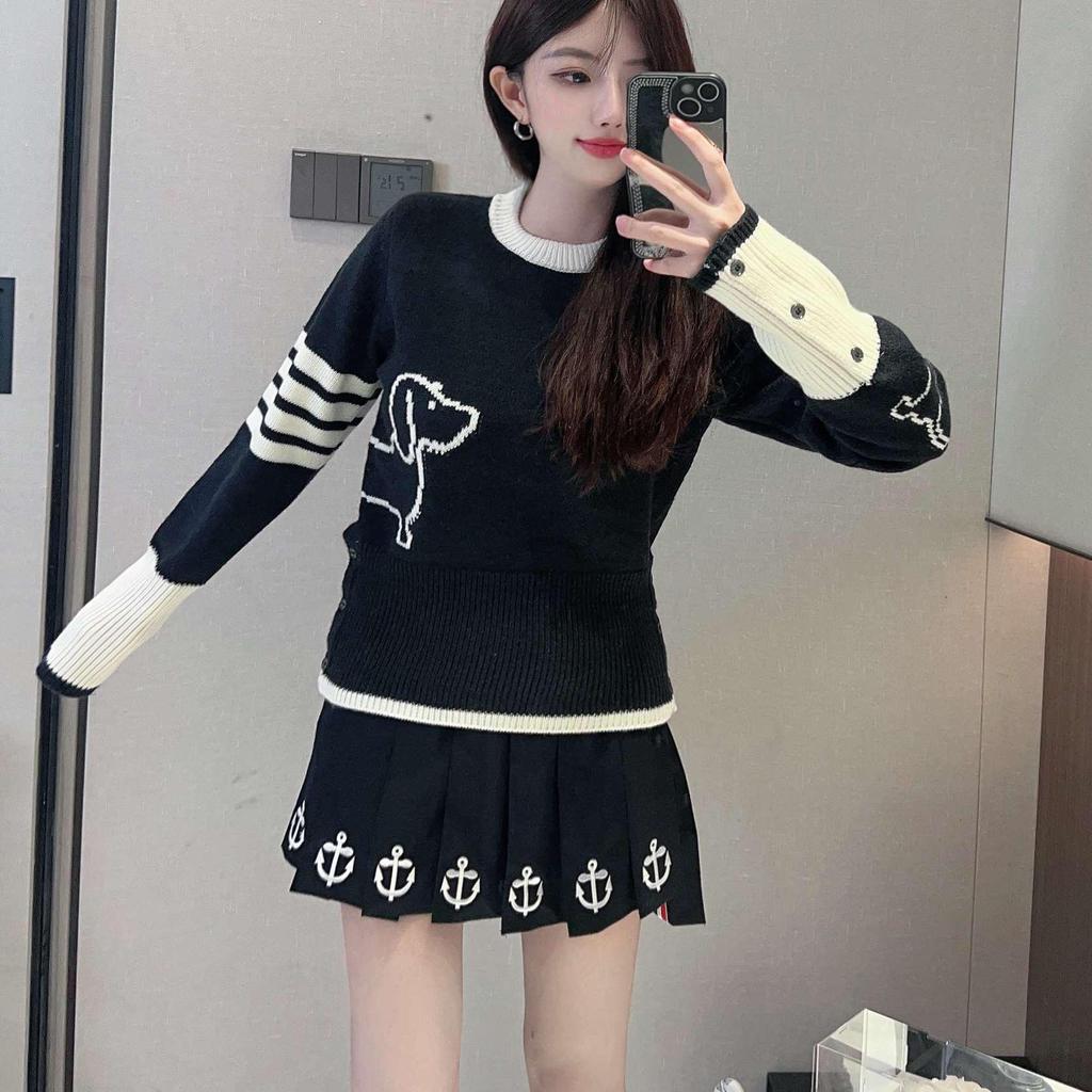 Cartoon Puppy Academic Style Wool Pullover - Women's Autumn/Winter Round Neck Short Sweater