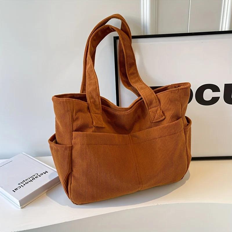 

Multiple Pockets Women s Corduroy Tote Handbag Simple Striped Shoulder Bag with Fixed Straps Zipper Large Capacity Commuting Bag коричневий
