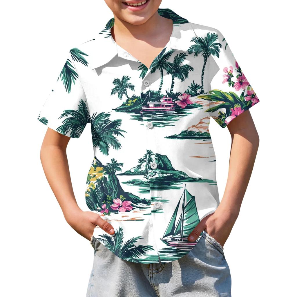 Jungen kurzärmeliges Hawaiihemd, Kinder Sommer Hemd mit Knöpfen