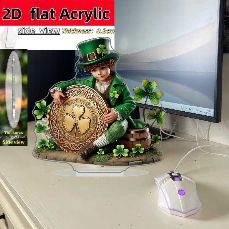 2D Flat Leprechaun Acrylic Desktop Decoration, Golden Four-Leaf Clover Shield, Green Top Hat & Clover Ears Design, Suitable for wall Decoration, porch