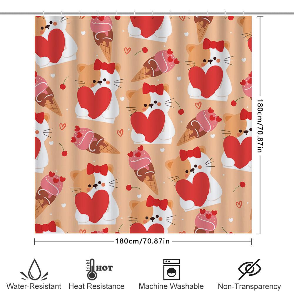 Pet Cat Shower Curtain With Sweet Hearts Design For Bathroom Decor Pink Red Cupcakes Ice Cream Cone Bow Ties 3D Printed Waterpro