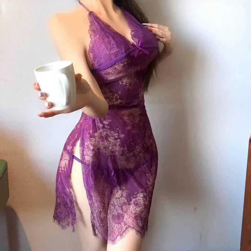 Erotic lingerie plus size feminine cutout lace sundress lace-up slit nightdress uniform seduction