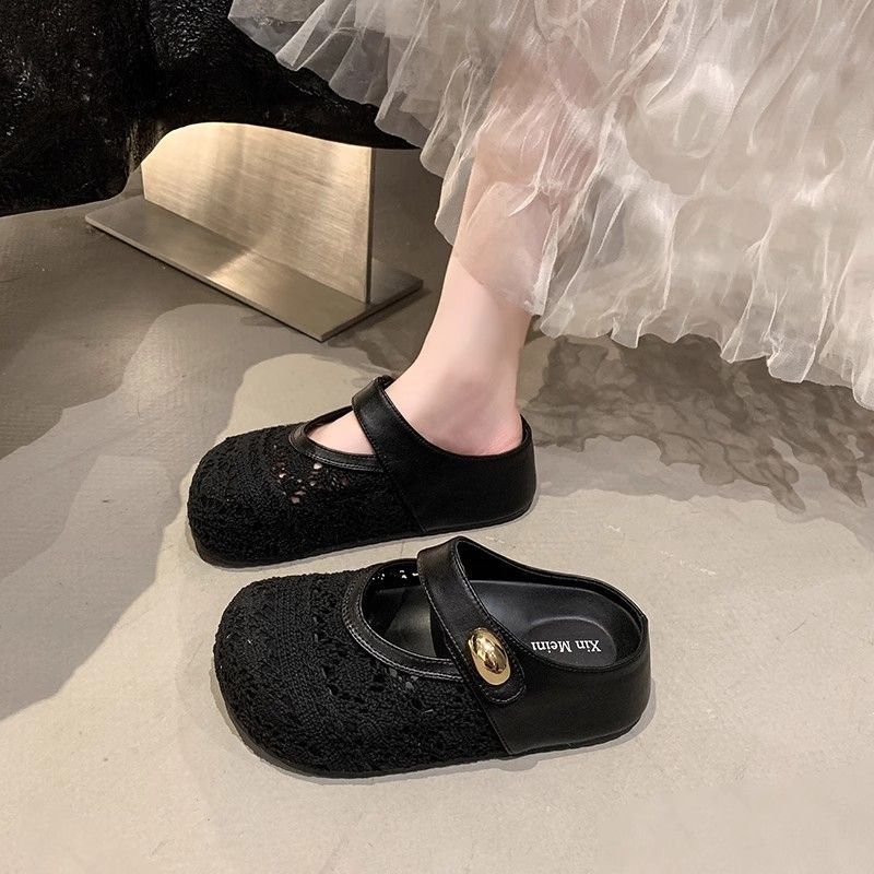 Inner heightening platform princess lace shoes women's 2025 autumn new slippers flat-bottomed sports and leisure mesh breathable semi-drag
