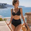 Tummy Control Swimsuit 2Pcs/Set Plus Size Bikini Set, Cross-Chest V-Neck Bra with Built-In Support, Dot Print Set High-Waisted Twist Swim Bottoms,