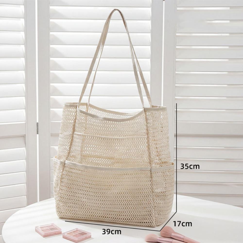 Nylon Mesh Beach Bag Large Capacity Mesh Handbag Toiletry Bag Swimming Bag  Travel бежевый
