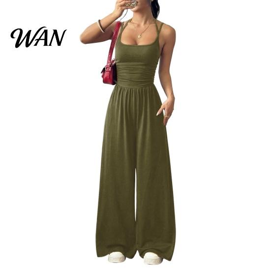 Wide Leg Pants Jumpsuit Women s Summer Sleeveless Spaghetti Strap One Piece Scoop Neck Outfits Casual Long Rompers for Women XS армия зеленый
