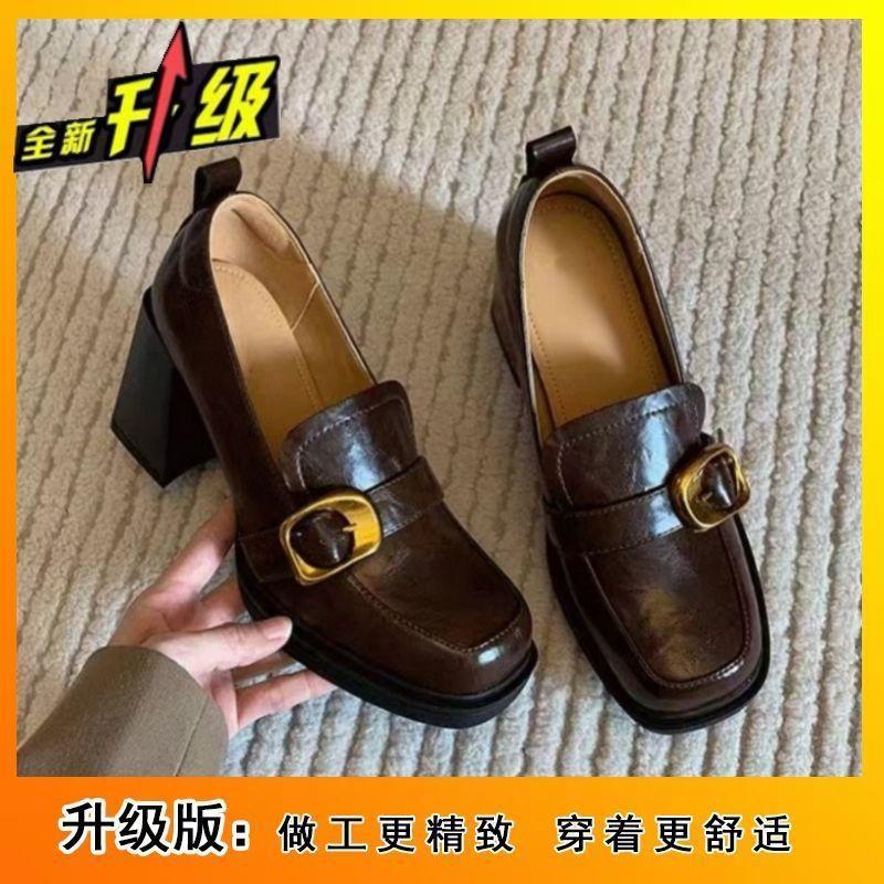 French light mouth thick heel one pedal single shoes women's spring and autumn retro British style square head high heel small leather shoes