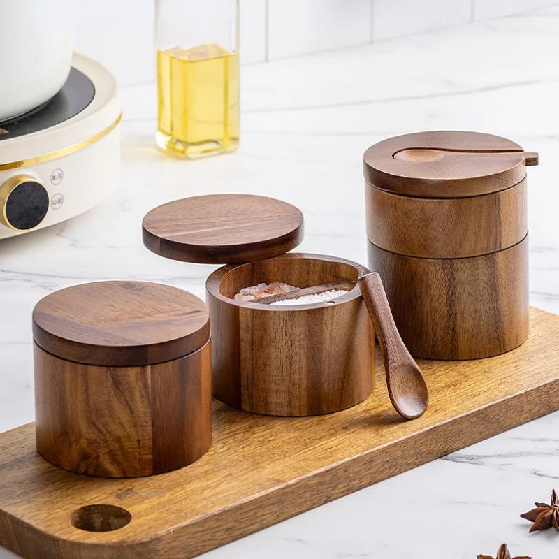 Wooden Seasoning Jar Pepper Salt Shaker Seasoning Box Large Capacity Pepper Box with Spoon Magnetic Rotating Lid Kitchen Storage