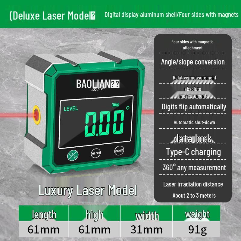 Cyfrowy inklinometr z poziomicą, laserem i magnetyczną podstawą