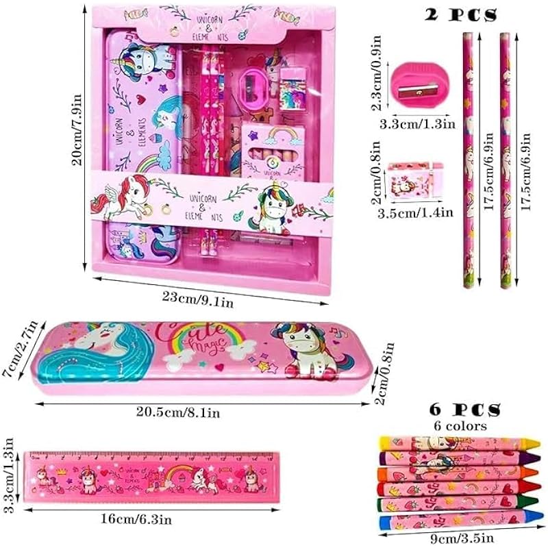 Eclet Unicorn Stationery Kit Set For Girls 12 Pcs Pencil, Eraser, Sharpener, Color Set Geometry Box (Pink)