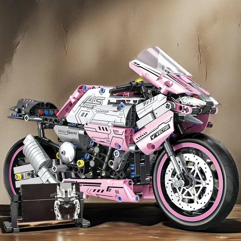 Non-Toxic 1860 Pieces Of Building Blocks Pink Motorcycles Super Cool Futuristic Style Technological Design Easy To Assemble And Operate