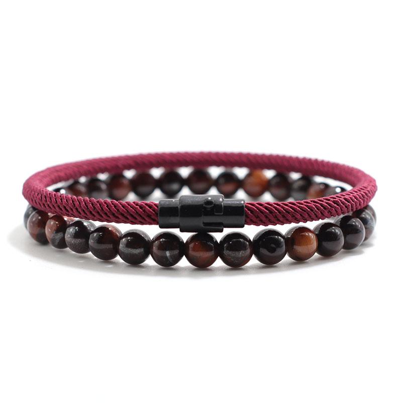 New 2Pcs Men Bracelet Set Lucky Red Thread Braslet 6mm Natural Onyx Tiger Eyes Stone Strand Braclet Pulseria Homme Beach Jewelry