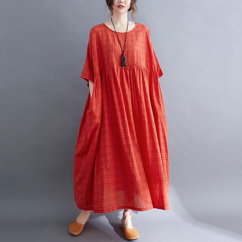 Robe d'été longue et décontractée en coton à manches courtes et à carreaux vintage pour femme, grande taille