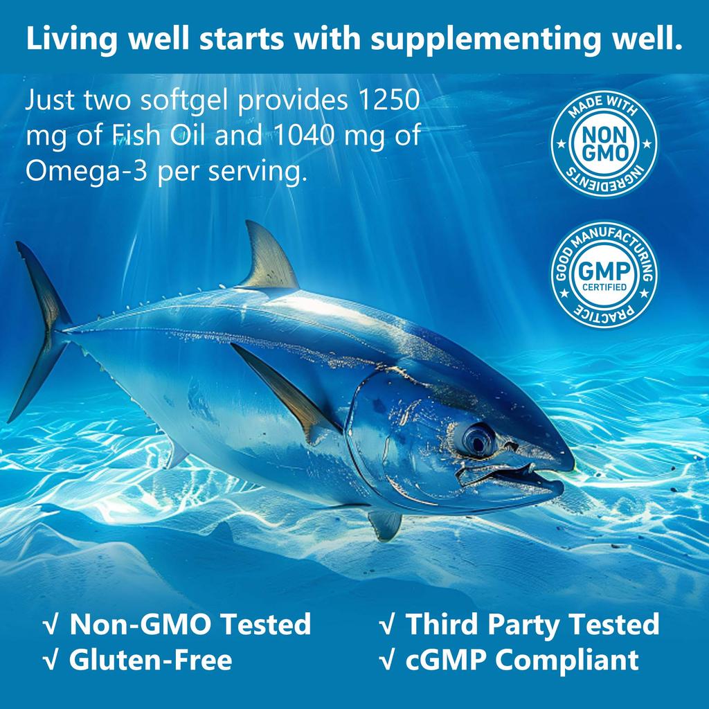 Cápsulas de Aceite de Pescado Omega-3 de Alta Pureza, 1250 mg, Fórmula de Alta Potencia, Para Adultos, Apoya la Salud General