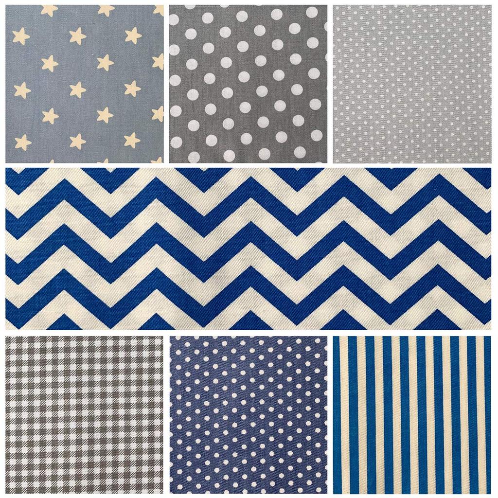 Gray Blue Fabric Large and Wavy Perfect for Crafts and Handicrafts 7-Piece & Set, Pattern, 100% Cotton, 46x56cm, Dots, Stars, Checks, Lines,