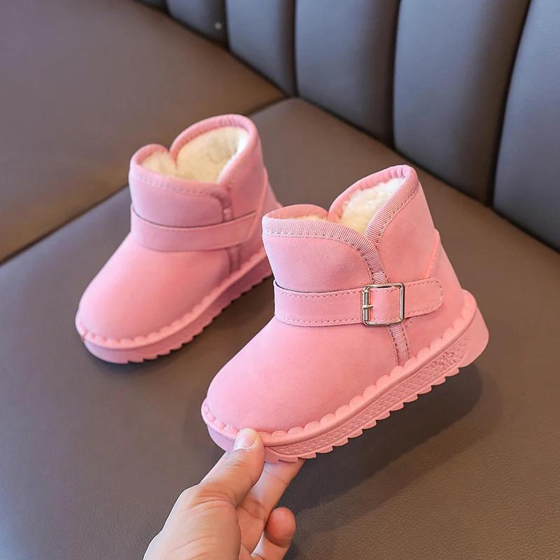 2024 Winter Kids Snow Boots Brown Boys Girls Baby Flat Cotton Shoes Winter Gray Soft Padded Thickened Pink Children's Baby Boots
