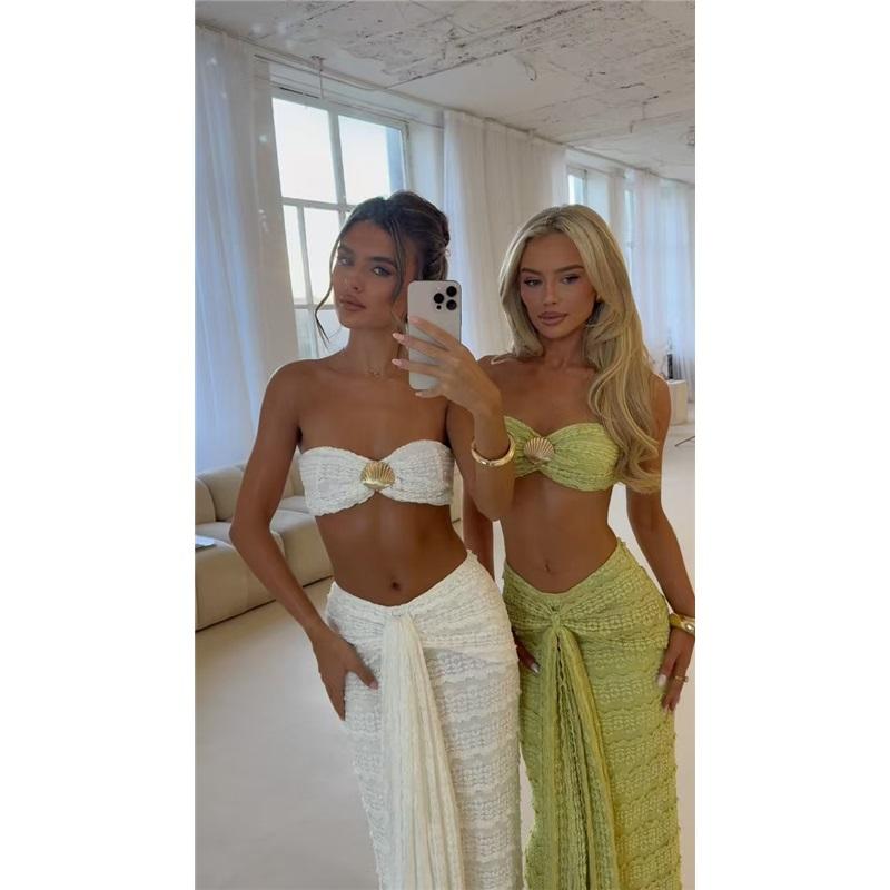Lace Jacquard Vacation Seaside Casual Sexy Cool Solid Color Swimsuit Sleeveless Two-piece Suit