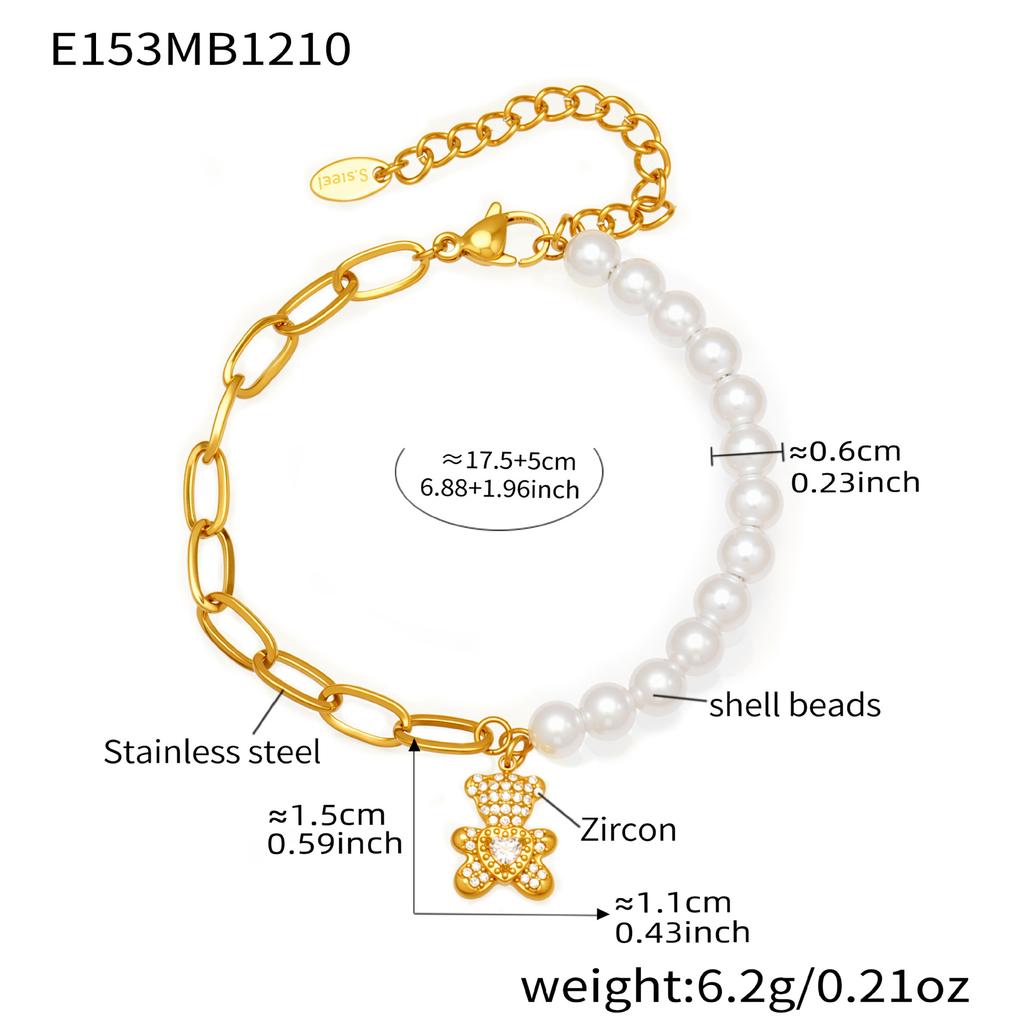 Cubic Zirconia Bear Charm Bracelet In Stainless Steel 18k Gold Plated Link Chain Bracelets Shell Beads Beaded Bracelet for Women