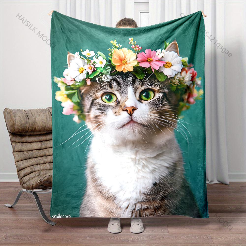 Multiple Sizes Cat Wearing Flower Crown Blanket Suitable for Home Bedroom Sofa Travel Camping Blanket Various Sizes for Gifts