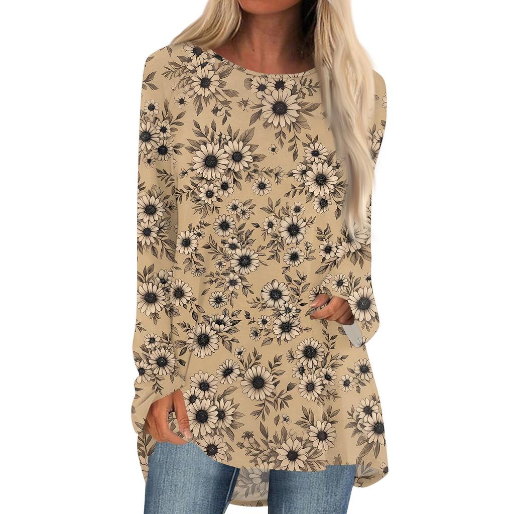 Women's Fashion Casual Long Sleeve Print Round Neck Pullover Top Blouse