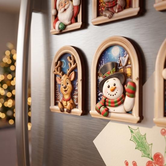 Natural Wood Holiday Accents Arch Wooden Christmas Fridge Magnet Set, Window Frame Refrigerator Decorative Magnets Magnetic Decor for Metal