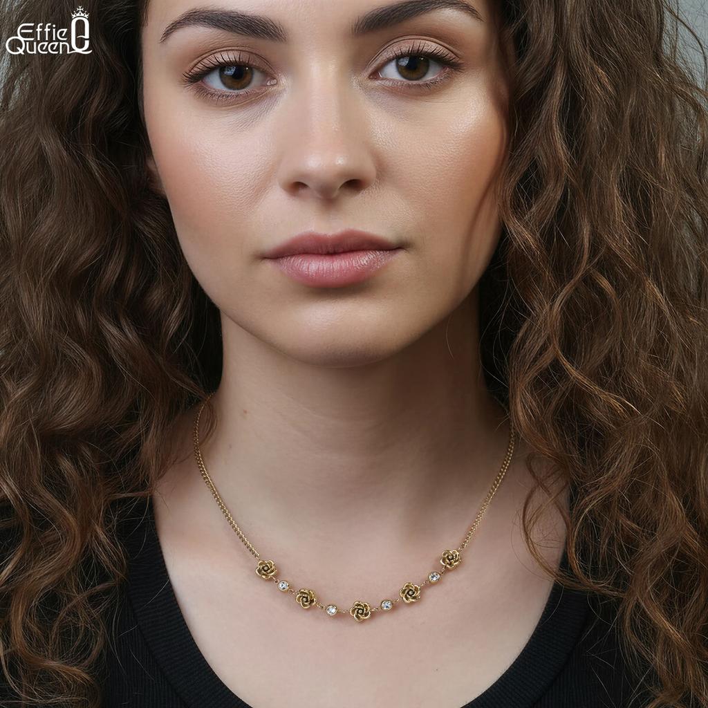 EFFIE QUEEN Stainless Steel 18k Gold & Zirconia Flower Chain Choker Necklace Romantic Jewelry for Women, Men Banquet Gift STKN10