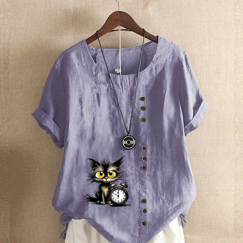 Women's Fashion Alarm Clock Black Cat Prined Short Sleeve T-shirt Loose Cotton Shirt Casual Loose Summer Blouse Tops Plus Size
