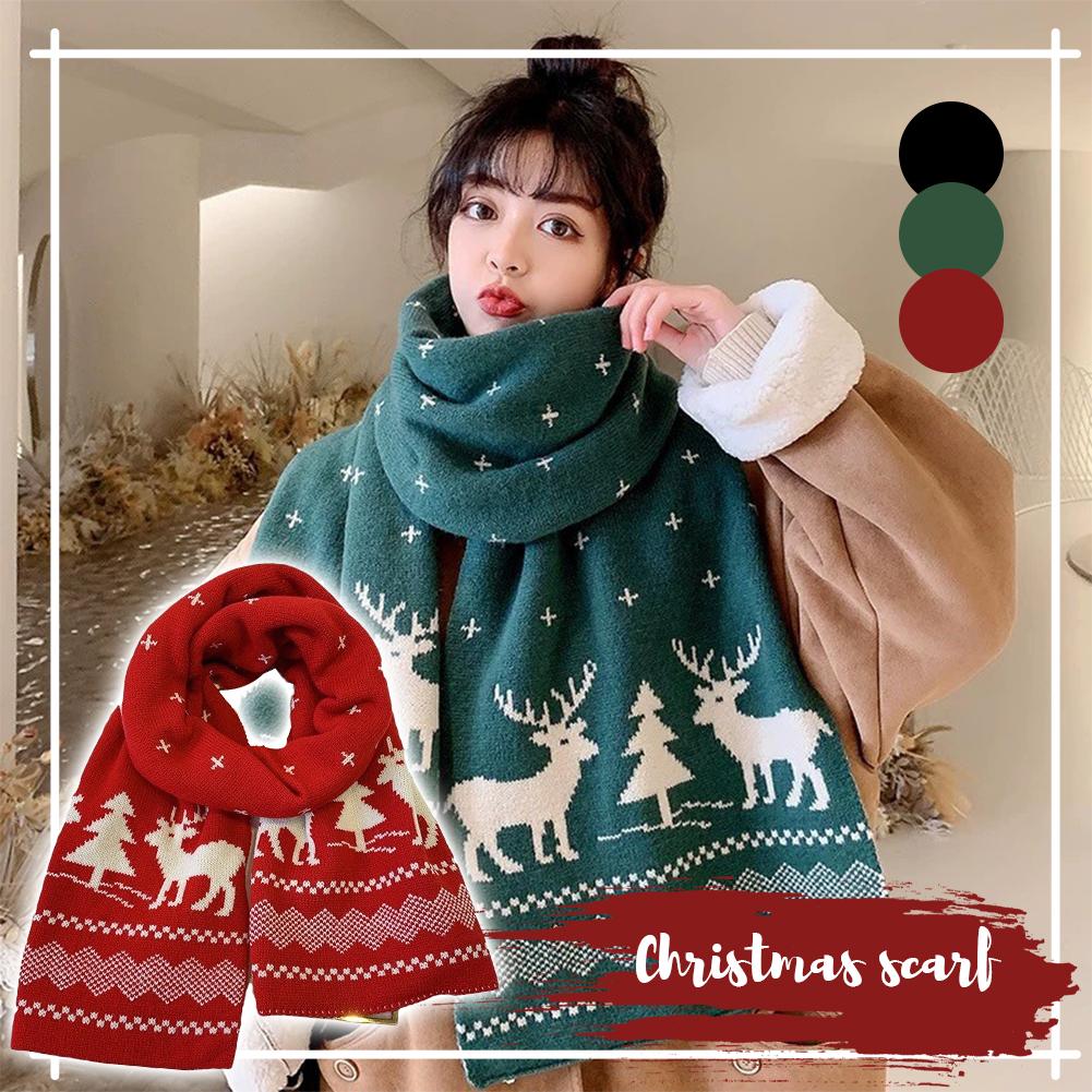 Winter Warm Scarf Deer Elk Double-Sided Knitted Scarves Fashion Versatile Woolen Shawl Girls Christmas Present for Women Men