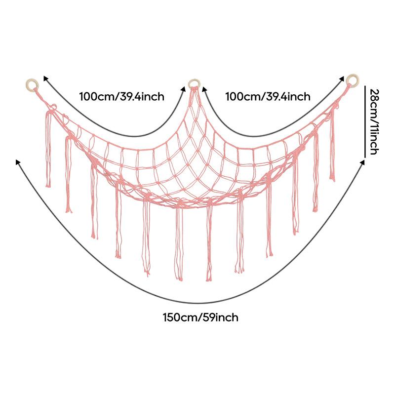 Toy hammock is hung in the corner and is equipped with a storage net, a toy storage bag, and a wall-mounted hammock.