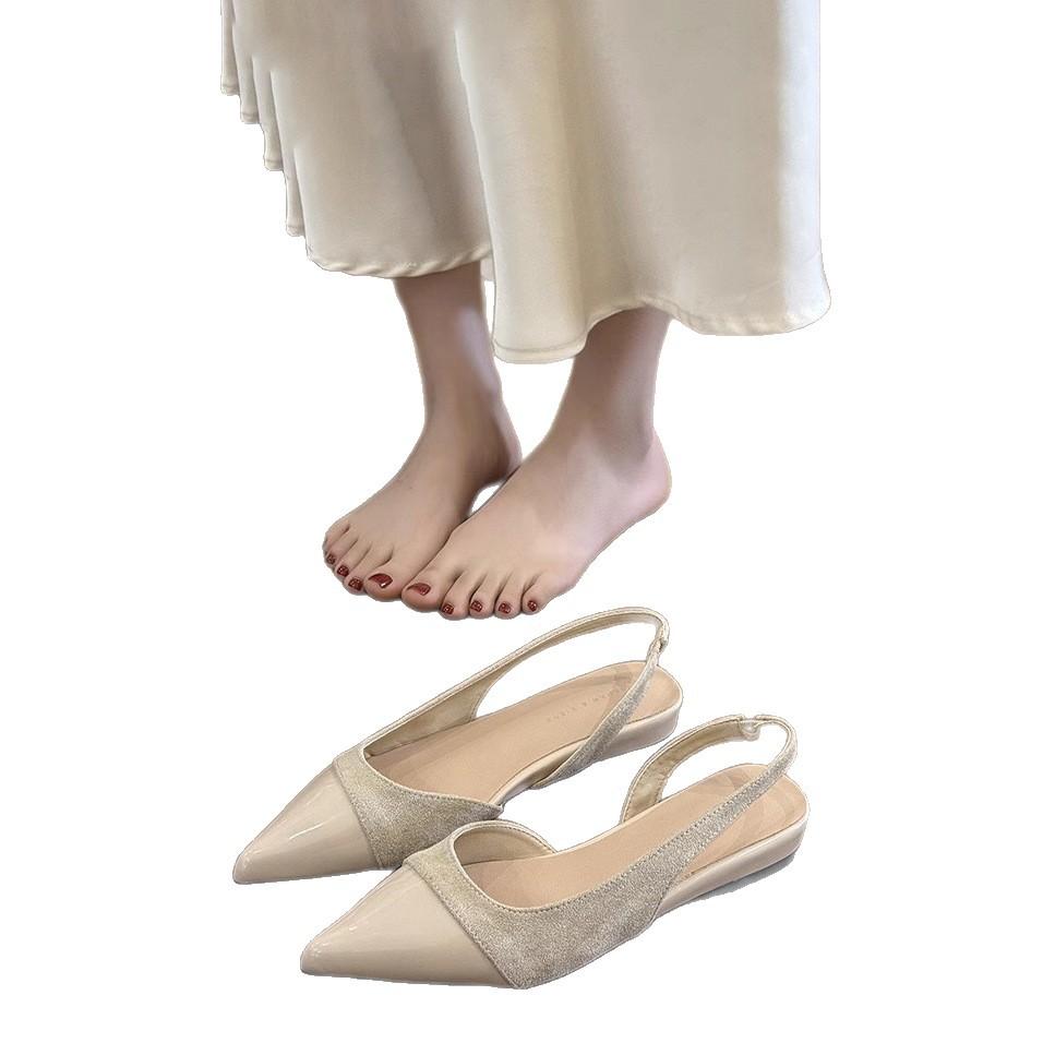 French gentle wind nude low-heeled single shoes women's 2025 summer new pointed head shallow mouth temperament empty bag head sandals