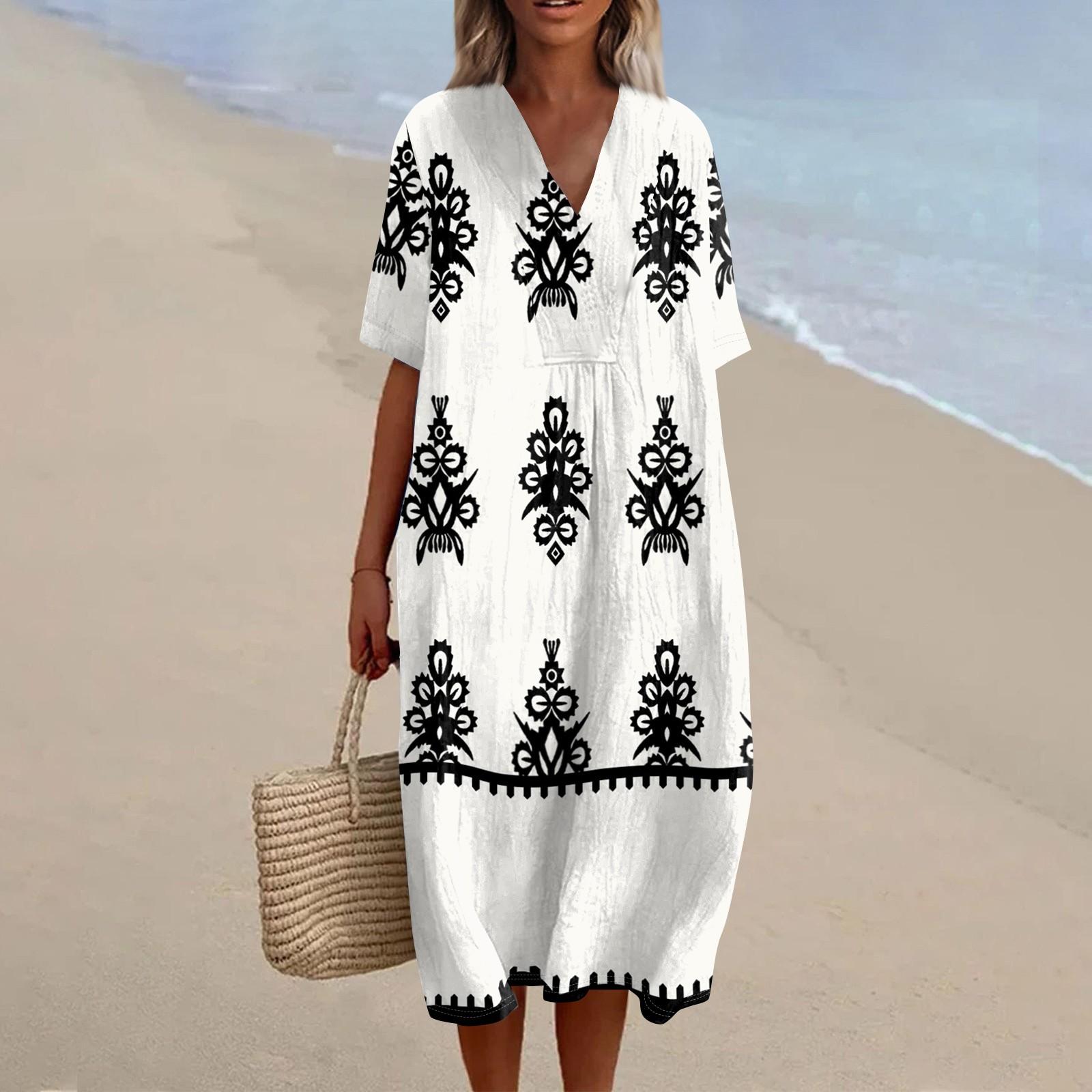 

Женское свободное повседневное модное платье с V-образным вырезом и принтом, пляжная юбка XXL белый