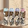 1PC Leopard Mixed Fur Pattern Print 750ml Color Plastic Sports Water Bottle Leakproof Flip Straw Lid Suitable for Sports Office Home Use