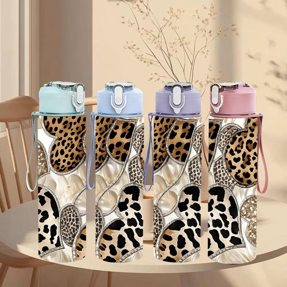 1PC Leopard Mixed Fur Pattern Print 750ml Color Plastic Sports Water Bottle Leakproof Flip Straw Lid Suitable for Sports Office Home Use