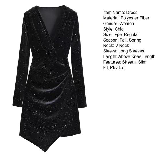 Women Short Dress V Neck Long Sleeves Pleated Pure Color Slim Fit Sheath Irregular Hem OL Commuting Party Prom Mini Dress Evening Events