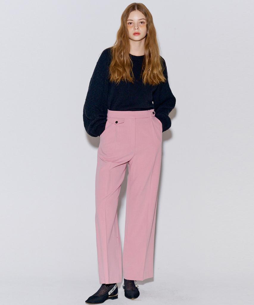OPENING SUNSHINE Button Point Wool Pintuck Wide Slacks Pink