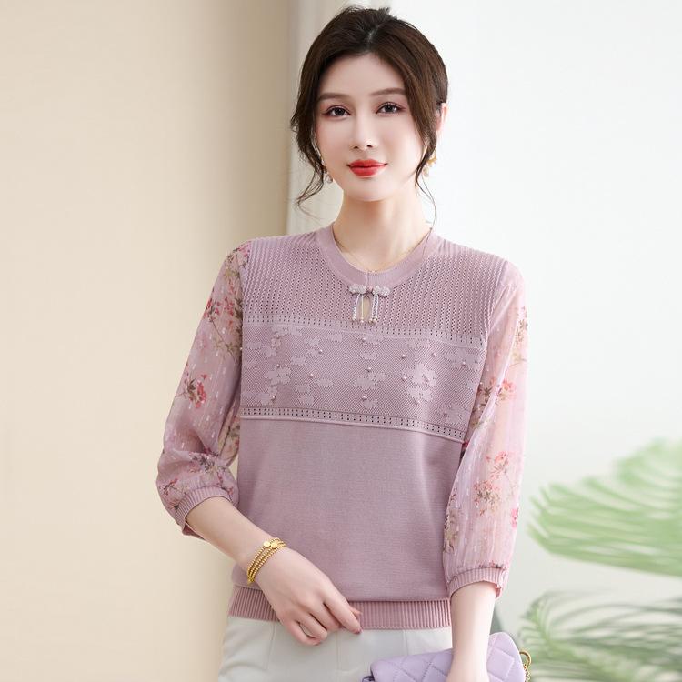 New Mom Summer Short Sleeve T-Shirt Loose V-Neck Knitted Top Middle-aged and Elderly Women's Clothing
