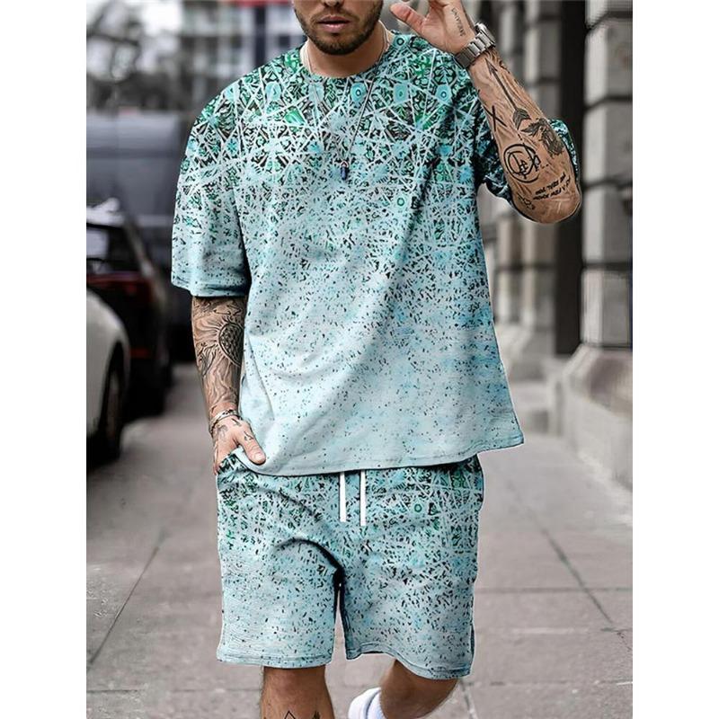 Summer Fashion Casual Men's Suit 3D Printed Sportswear Short-sleeved Suit Oversized Round Neck T-shirt Shorts 2-piece