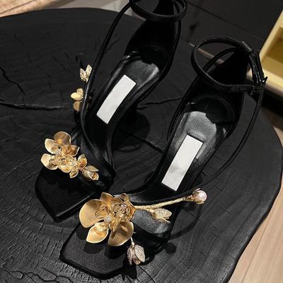 Hong Kong 2025 New Beautiful One-word Sandals Women's Summer Satin Design Sense Black Thin Heel Gold Orchid High Heels