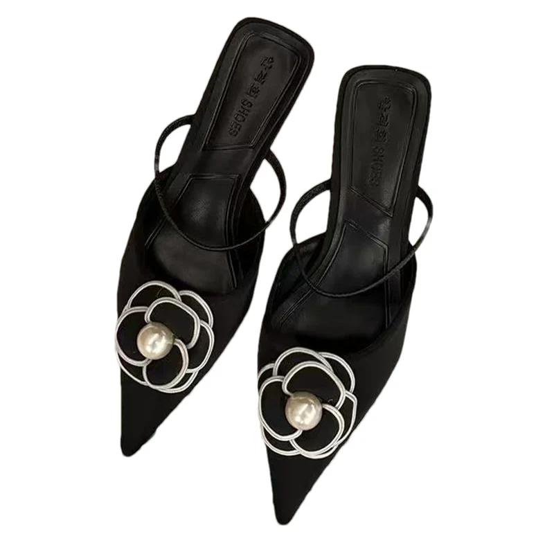 Fashion Designer Flower Women Heeled Slippers Bead Pointed Toe Mid Heels Shoes 2025 Fashion Shallow Pumps Party Summer Chaussures Ladies