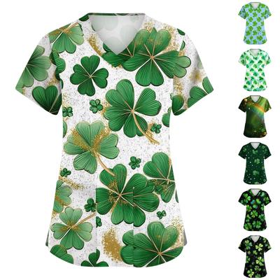 Women's Fashion V-neck Short Sleeve Workwear With Pockets Printed Tops