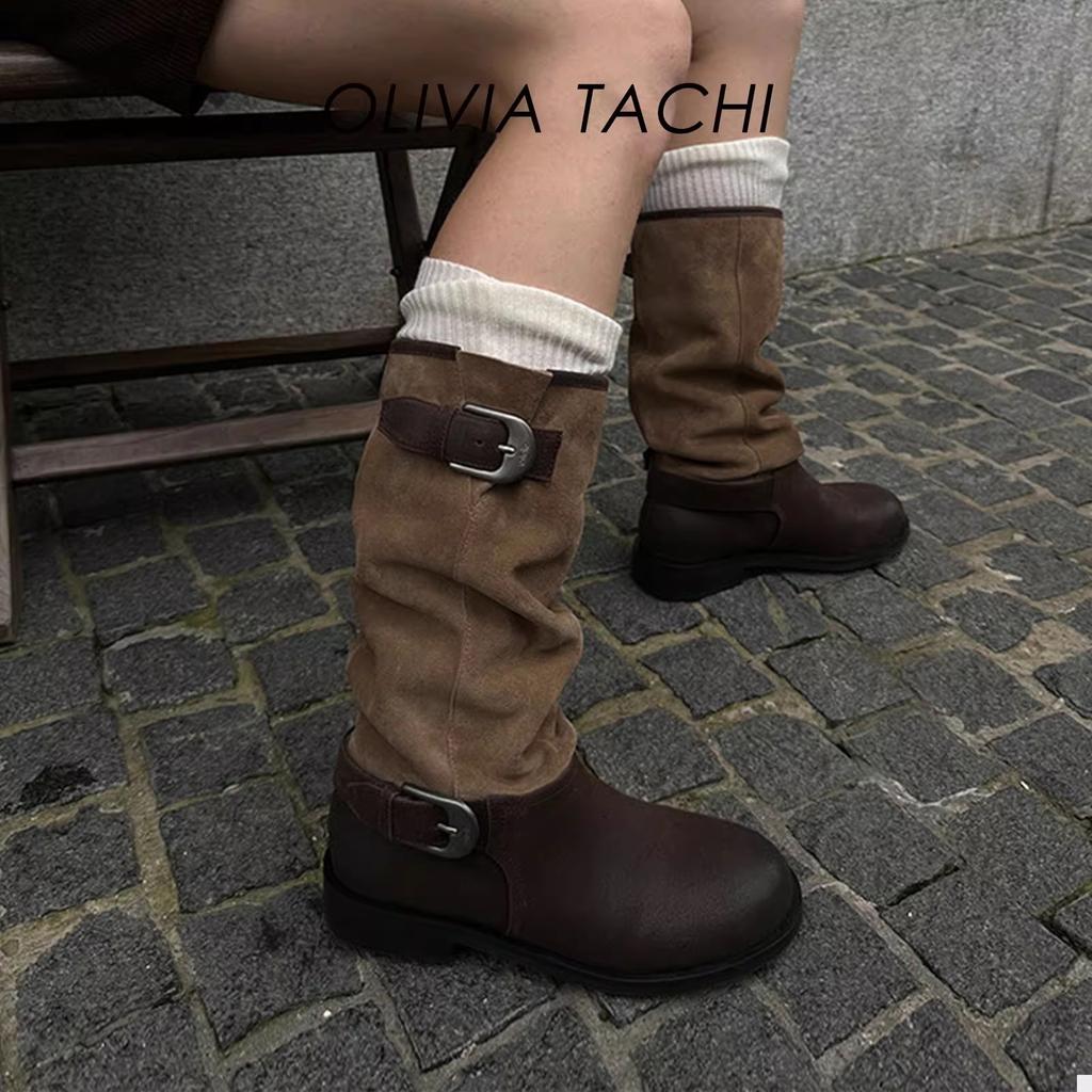 Pleated pile boots women's boots 2025 summer new metal buckle leather knight boots splicing retro western boots