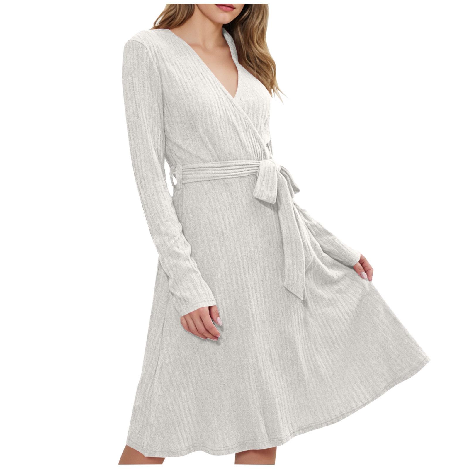 

Women s Fashionable Loose-Fit V-Neck Long-Sleeve Tie-Detail Casual Dress XL білий