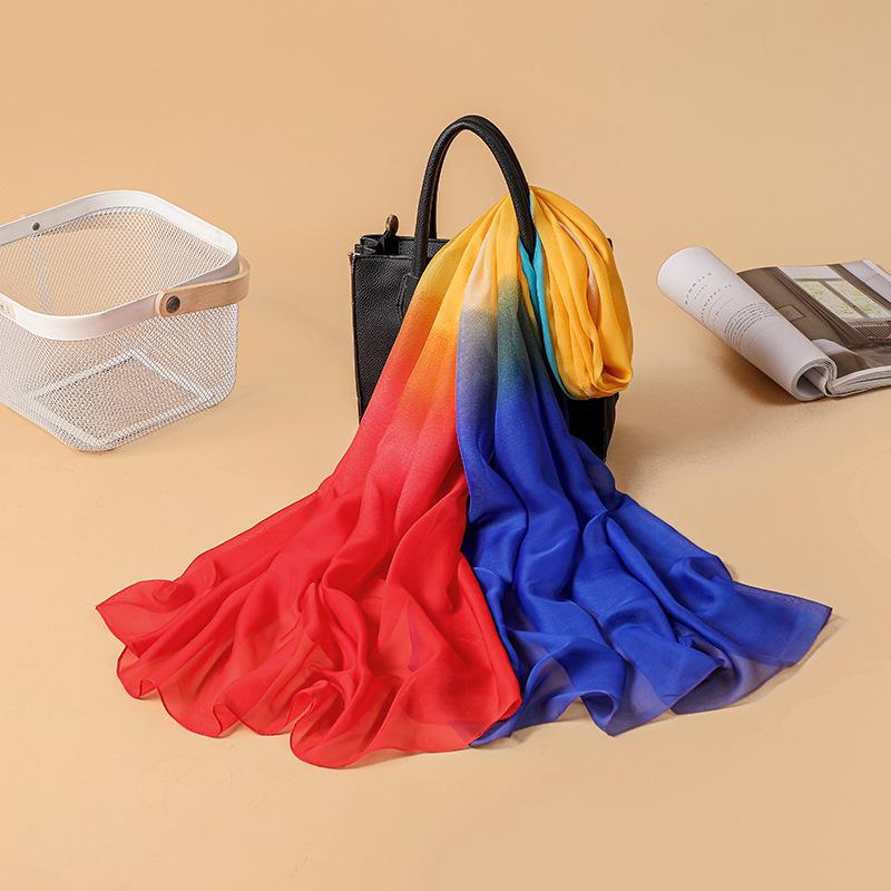 Larger Scarf for Women Spring New Multi-color Gradient Color Block Georgette Soft Hand Scarf Printed Thin Silk Scarf