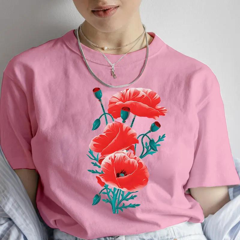 Fashion Red Poppy Flower Unisex T Shirt Funny Tops Tee Female Short Sleeve Tshirt Harajuku Tee Shirts Female Tee Girls Tshirts