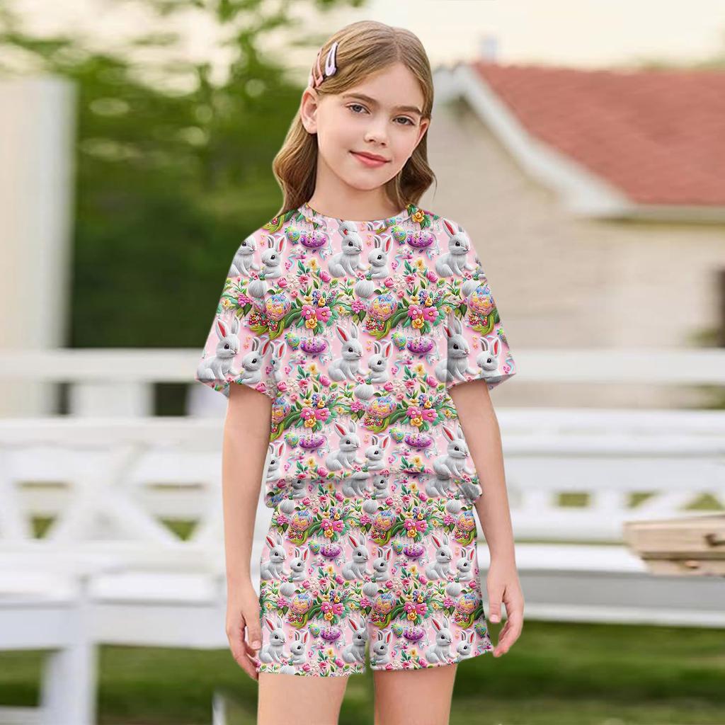 Kid Patriotic Outfit - Short Sleeve & Shorts 2-Piece Set For Girl Easter Day